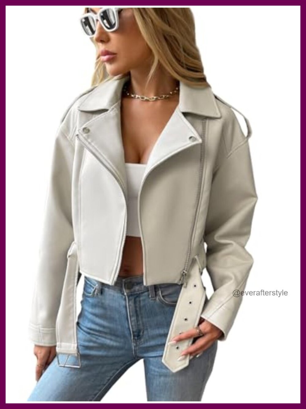 Faux Leather Cropped Moto Biker Jacket with Belt Zipper Pockets